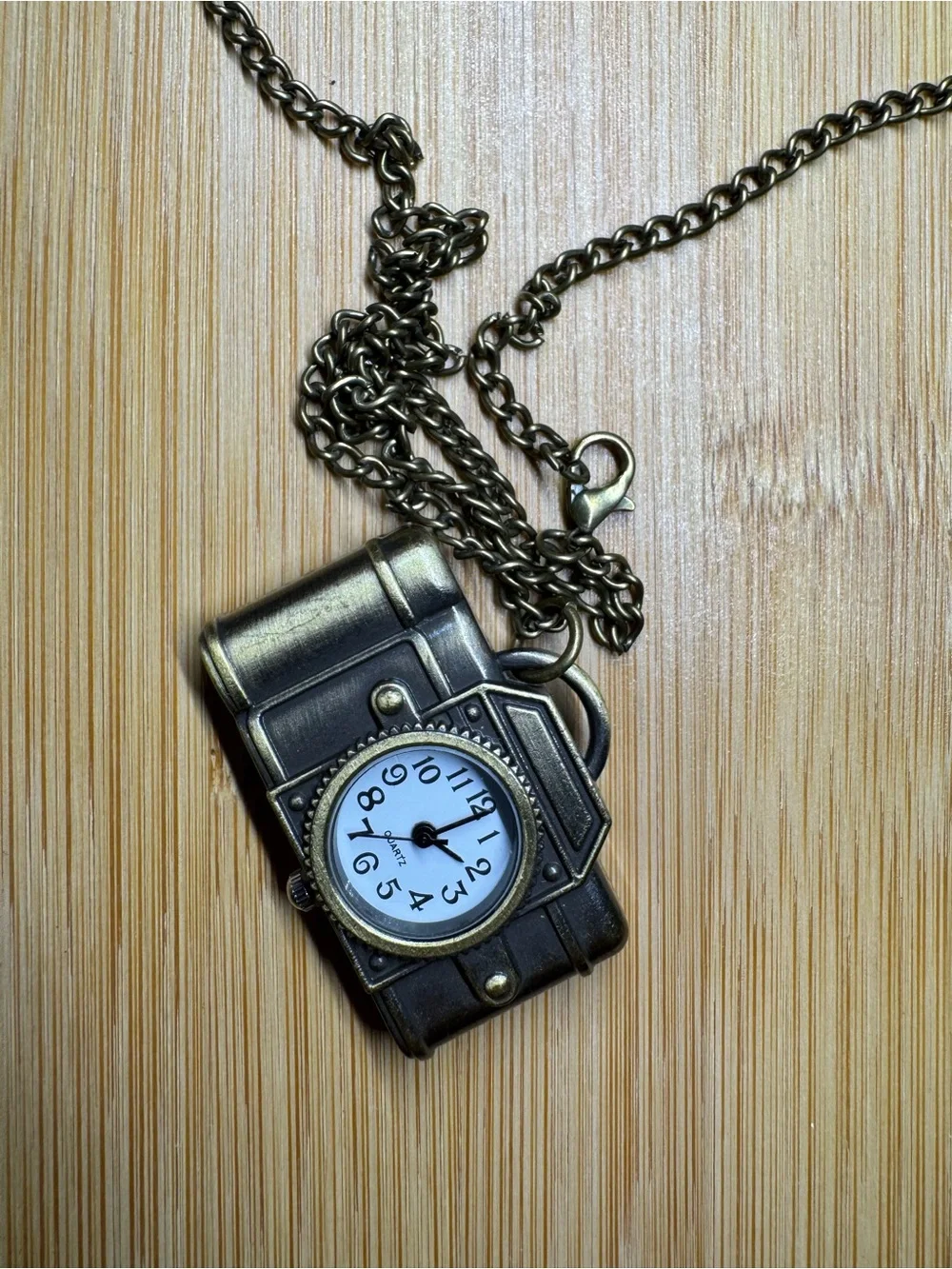 Vintage Camera Pendant Necklace with Clock Face - Antique Brass
